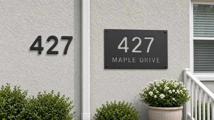 Cutout metal address plaque beside individual metal house numbers on a home entrance