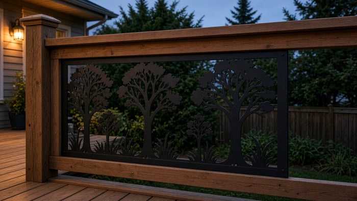 Metal deck privacy panel and railing insert on an outdoor deck