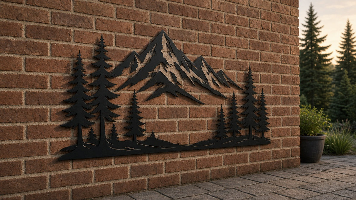 Outdoor metal wall art mounted on an exterior wall