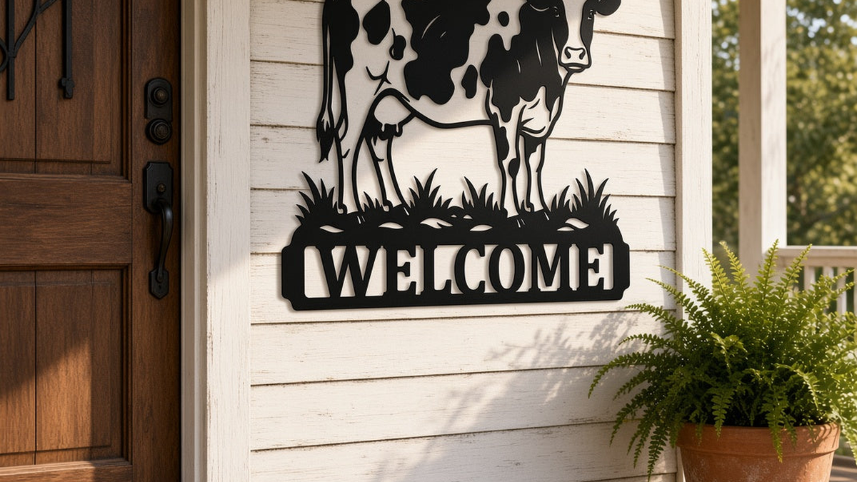 Powder-coated metal welcome sign on a farmhouse porch