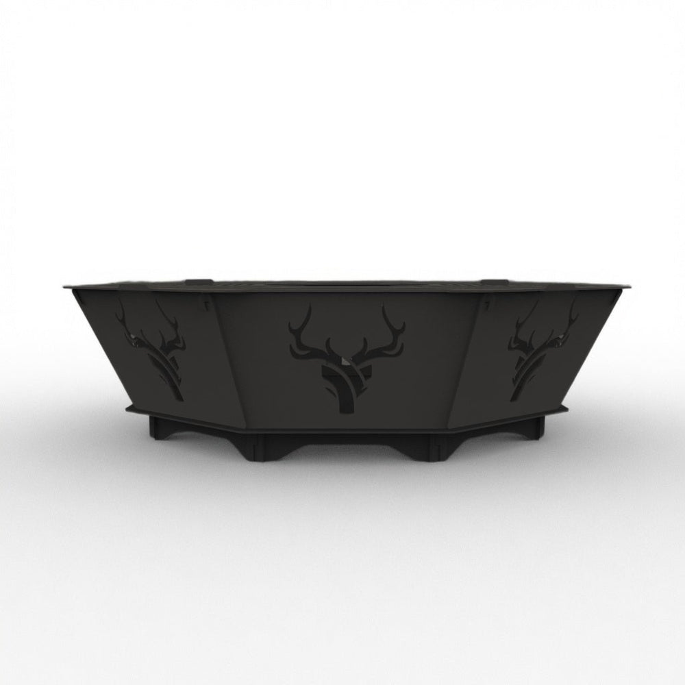 Large octagon black powder-coated fire pit, studio side view