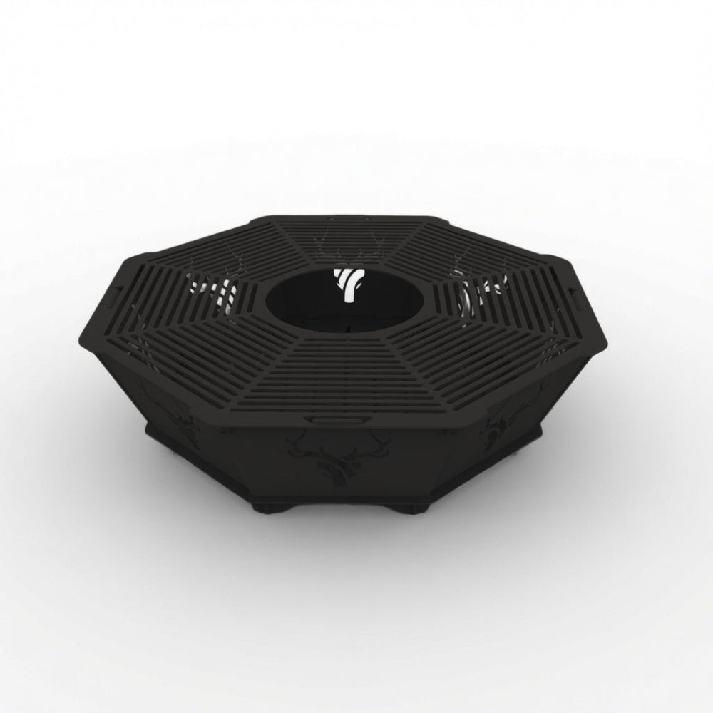 Large octagon black powder-coated fire pit with grill on