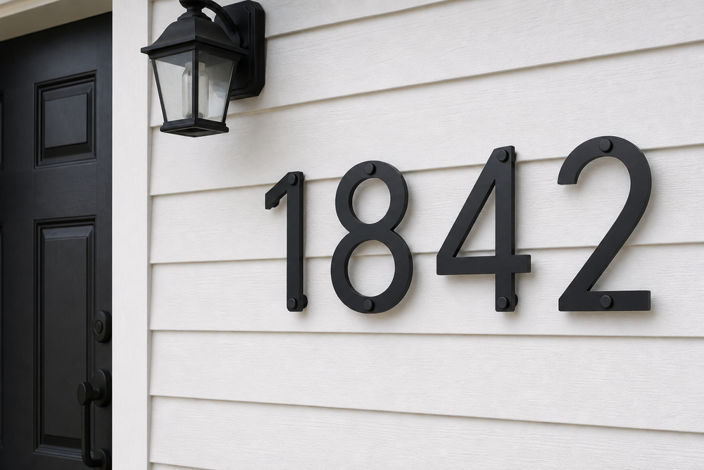 8 inch bold black metal house numbers 1842 on black standoffs with circular caps aligned to barrels, about one inch off white house siding