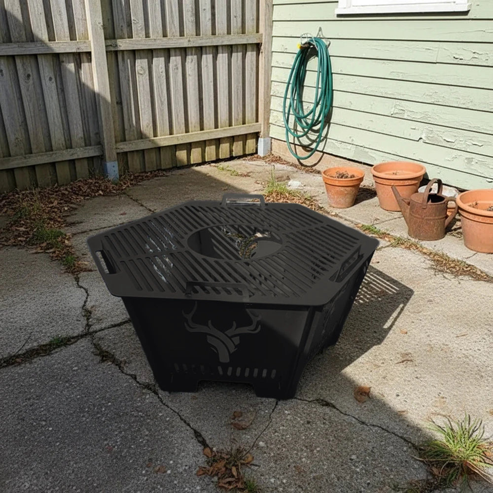 Pentagon 12-gauge stainless fire pit with high-temp black powder coat, backyard