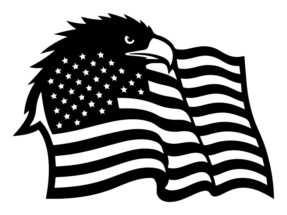 American flag and eagle head metal wall art in matte black steel