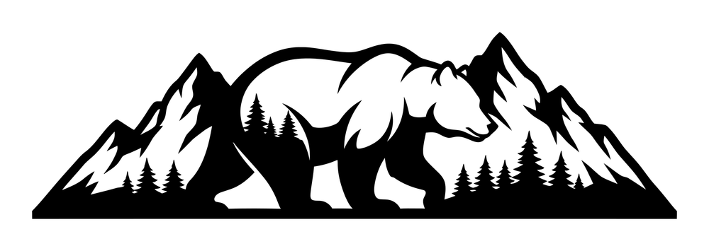 Bear mountain metal wall art in matte black steel, a bear walking through a mountain range with pine trees