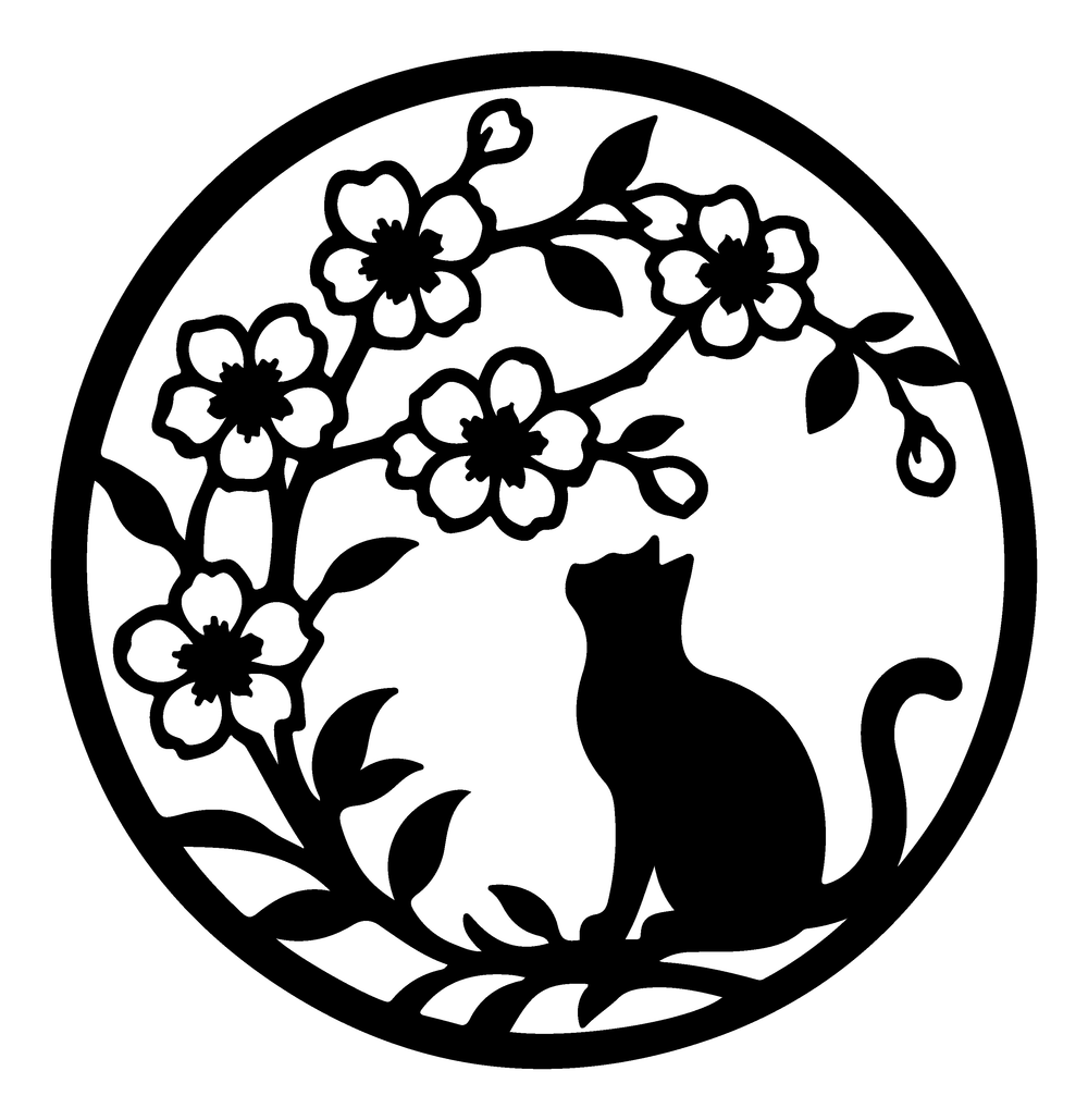 Cat with cherry blossoms round metal wall art