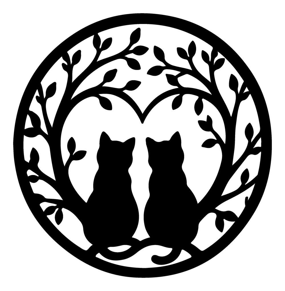 Two cats under a heart of branches round metal wall art