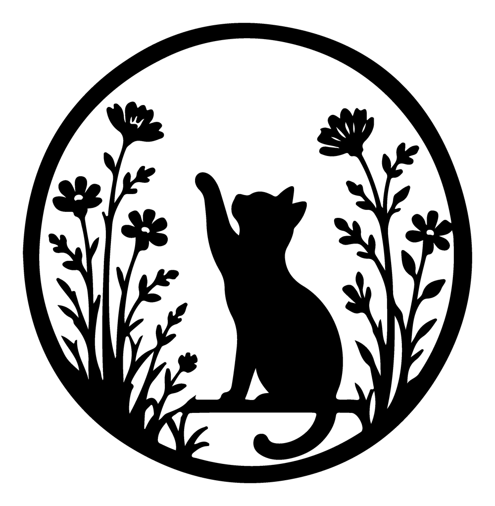 Cat in wildflowers round metal wall art