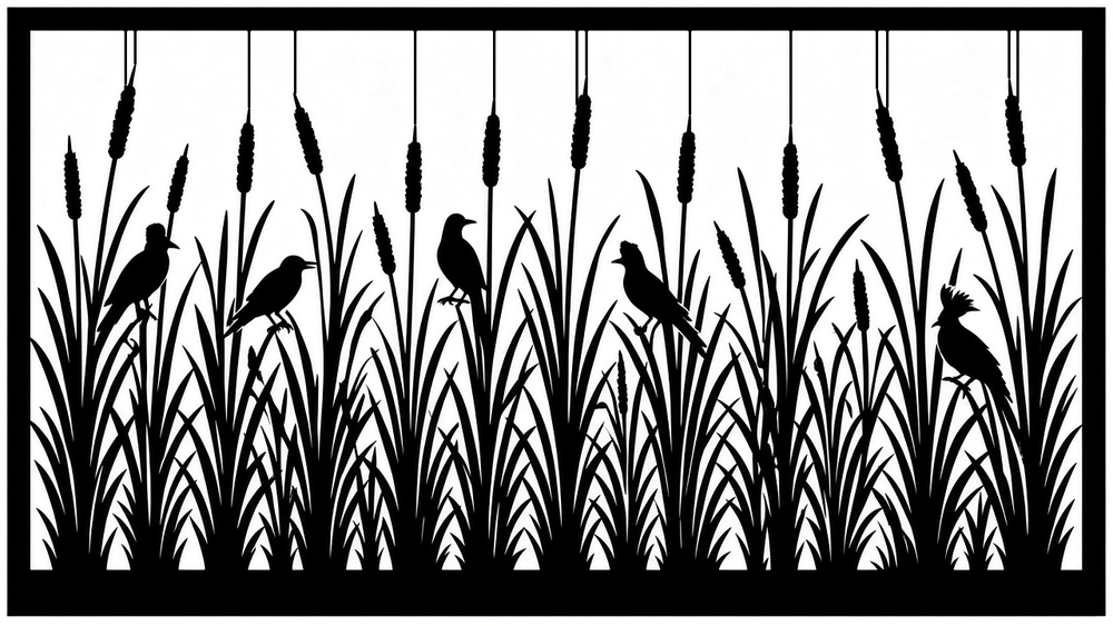 Cattails and birds laser-cut steel fence topper pattern