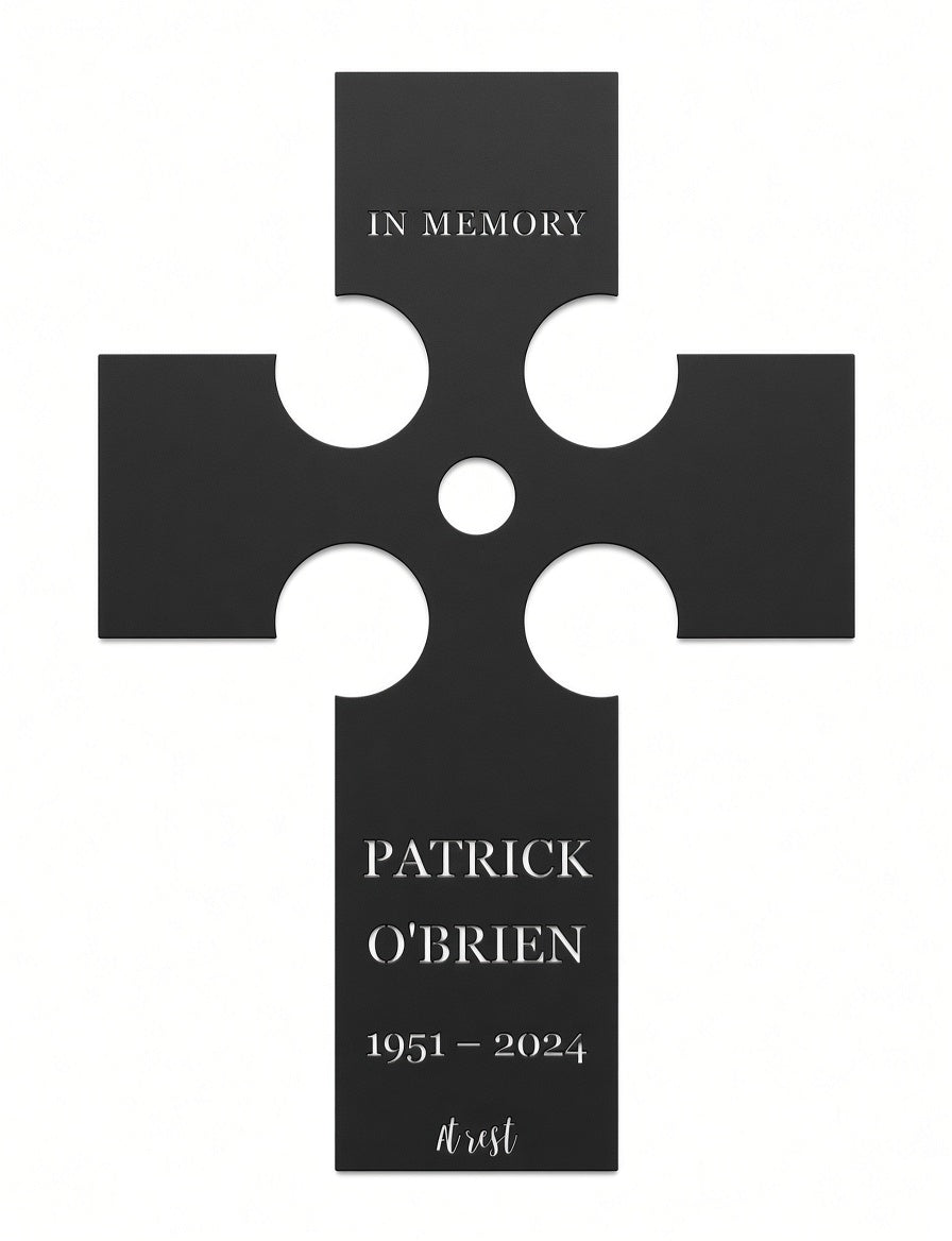 Celtic cross grave marker, cut-through CNC lettering with bridges