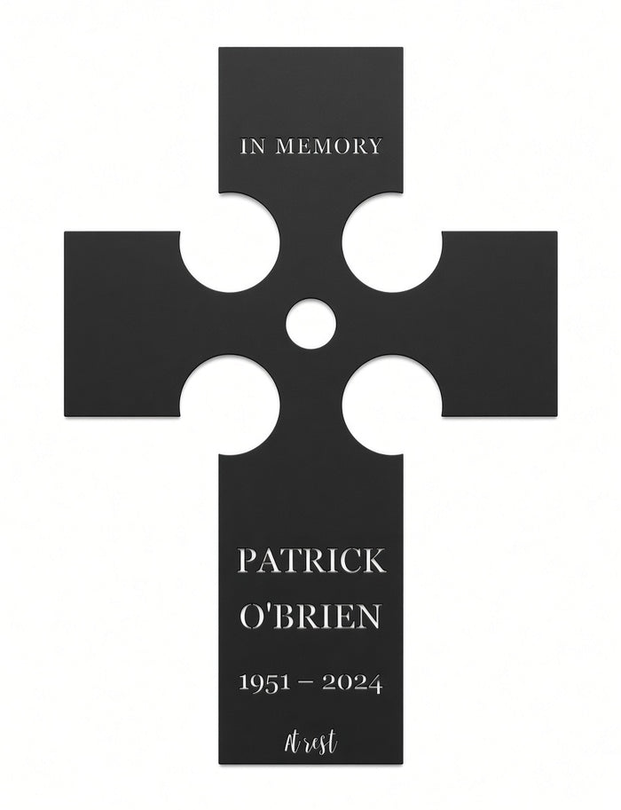 Celtic cross grave marker, cut-through CNC lettering with bridges
