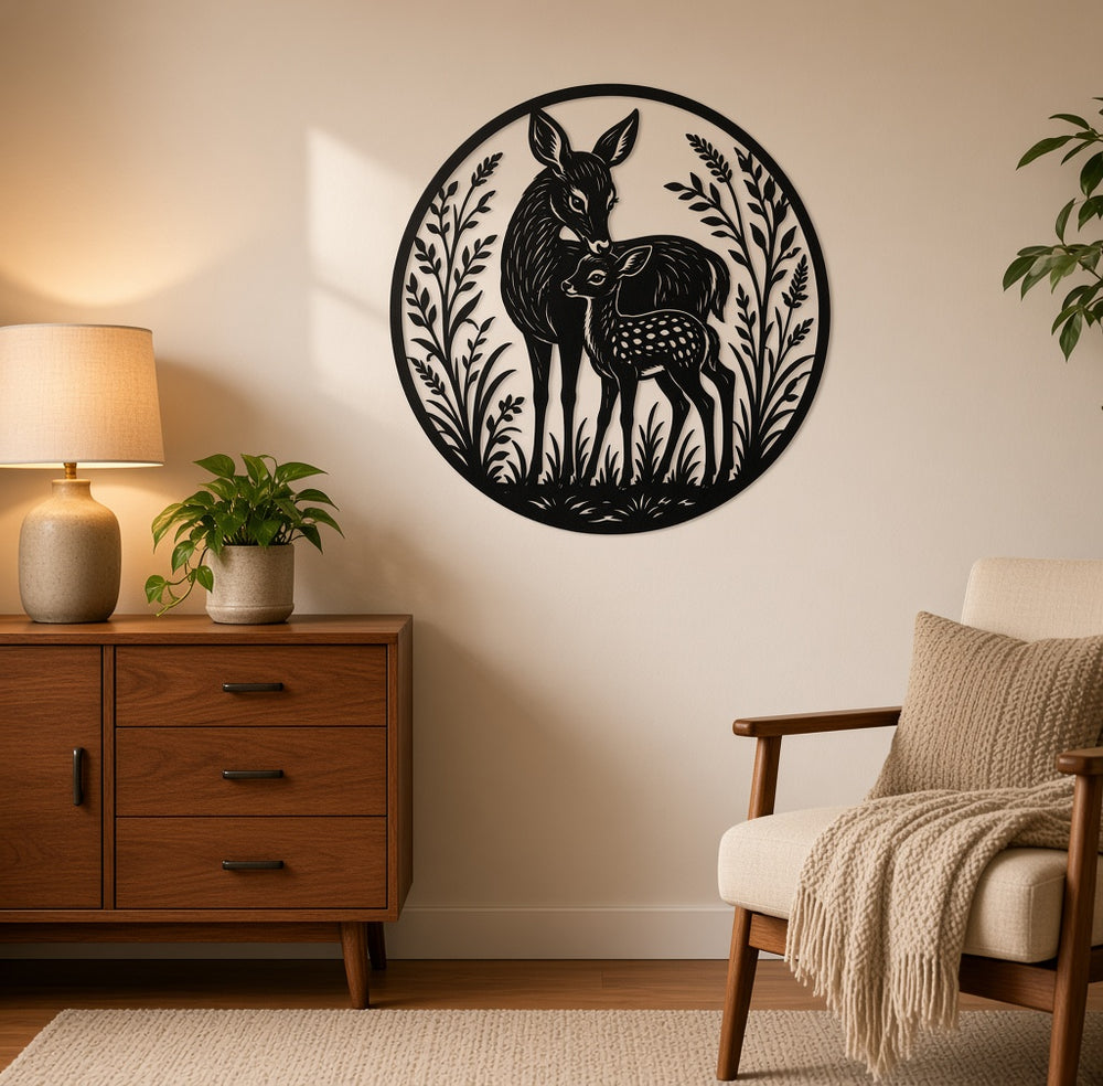 Round deer and fawn metal wall art shown on a wall above a wooden dresser
