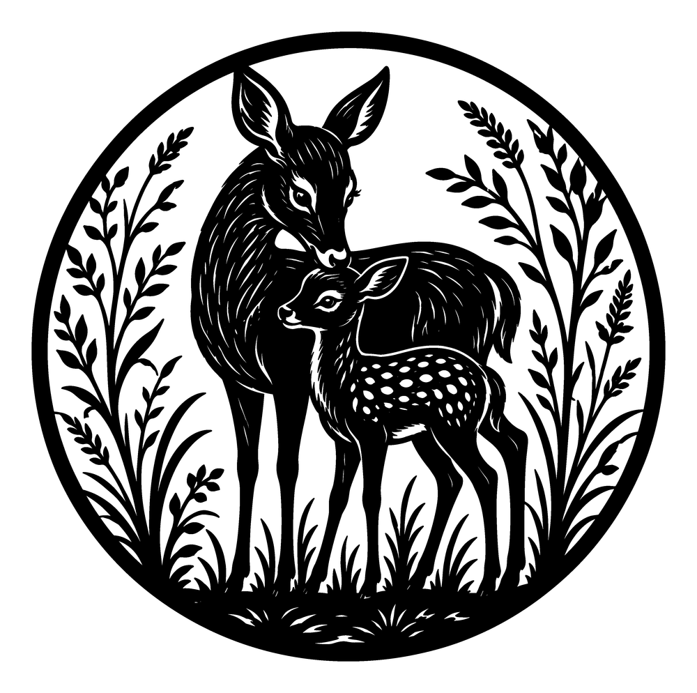 Deer and fawn metal wall art, a round matte black steel medallion of a doe and fawn in wildflowers