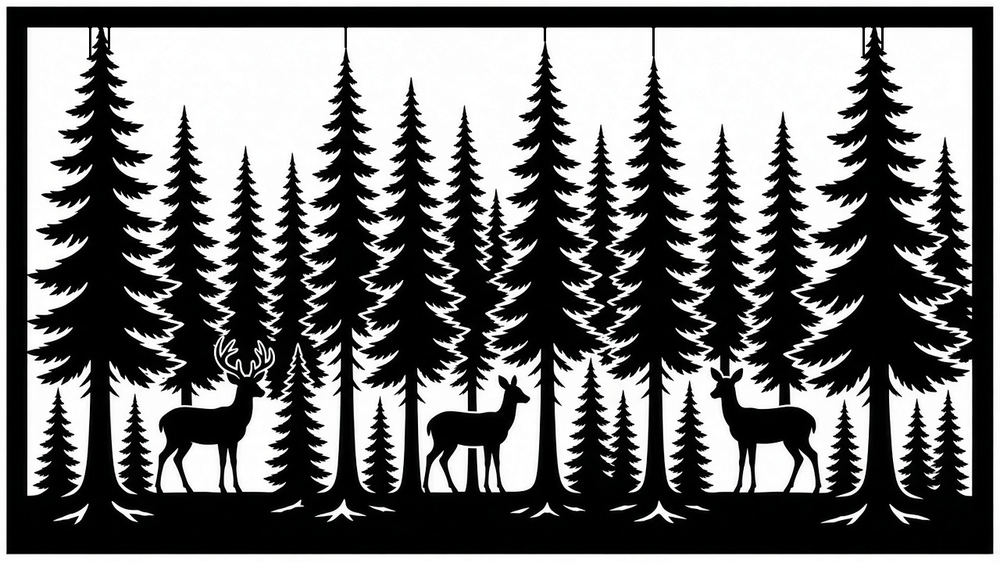 Deer and pine trees laser-cut steel fence topper pattern