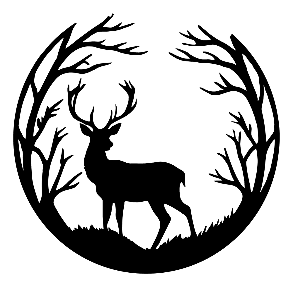 Deer silhouette metal wall art, a round matte black steel medallion of a buck in branches