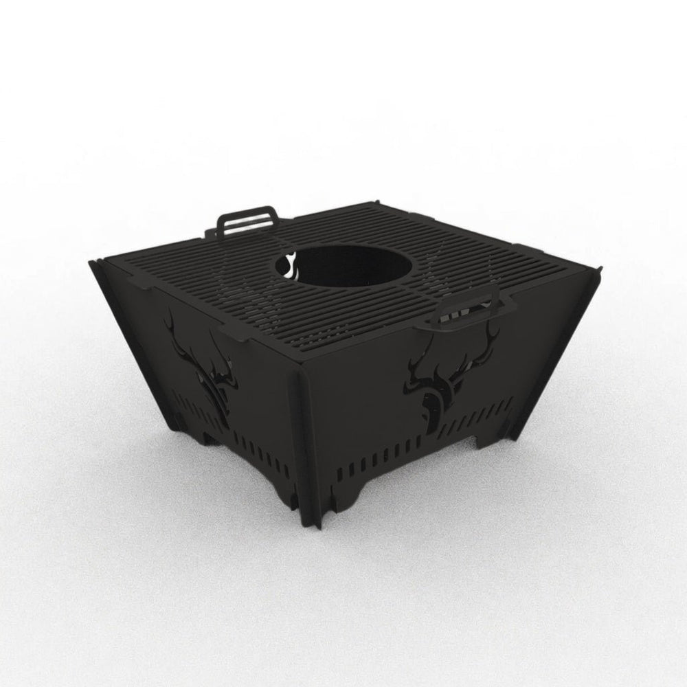 Square black powder-coated fire pit, angled studio view with grill