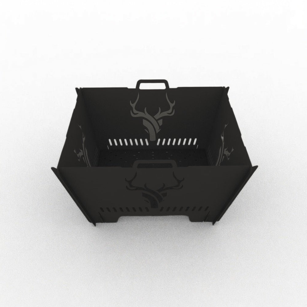 Square black powder-coated fire pit, top-down studio view