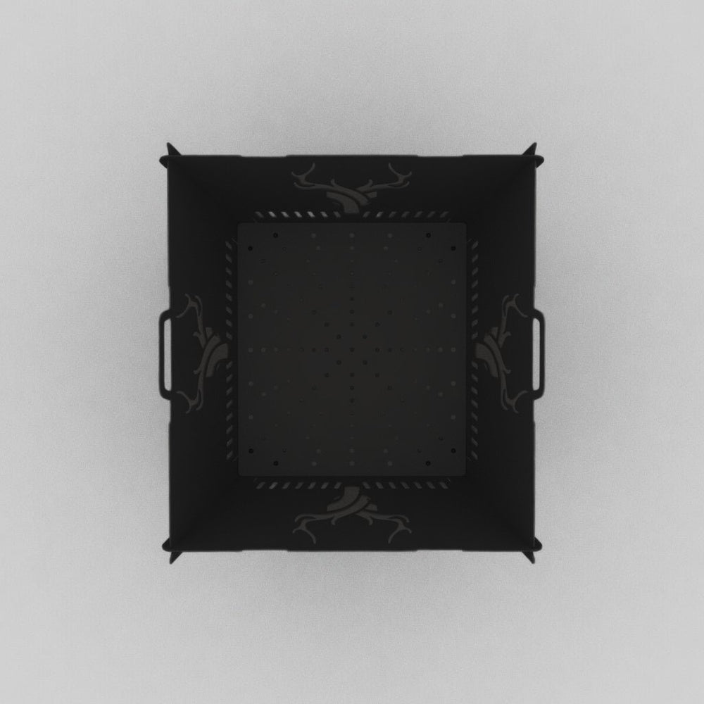 Square black powder-coated fire pit, top-down with deer cutouts