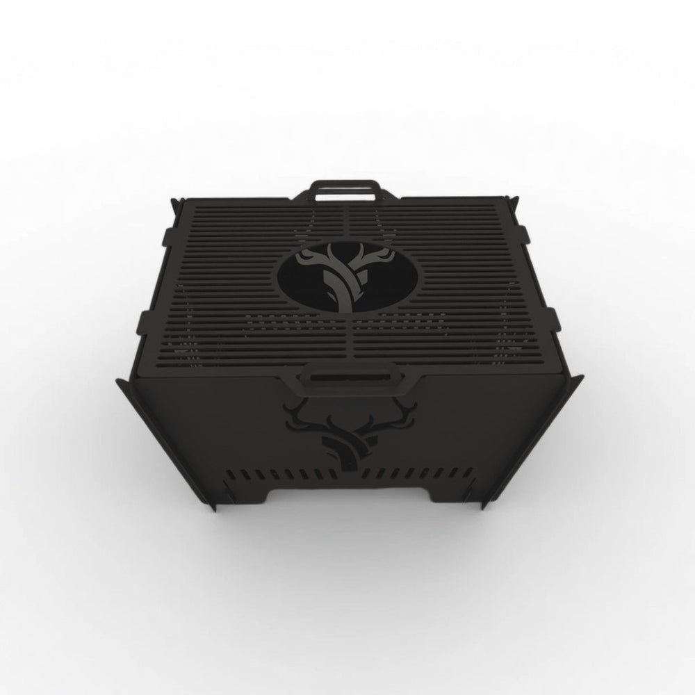 Square black powder-coated fire pit with grill on