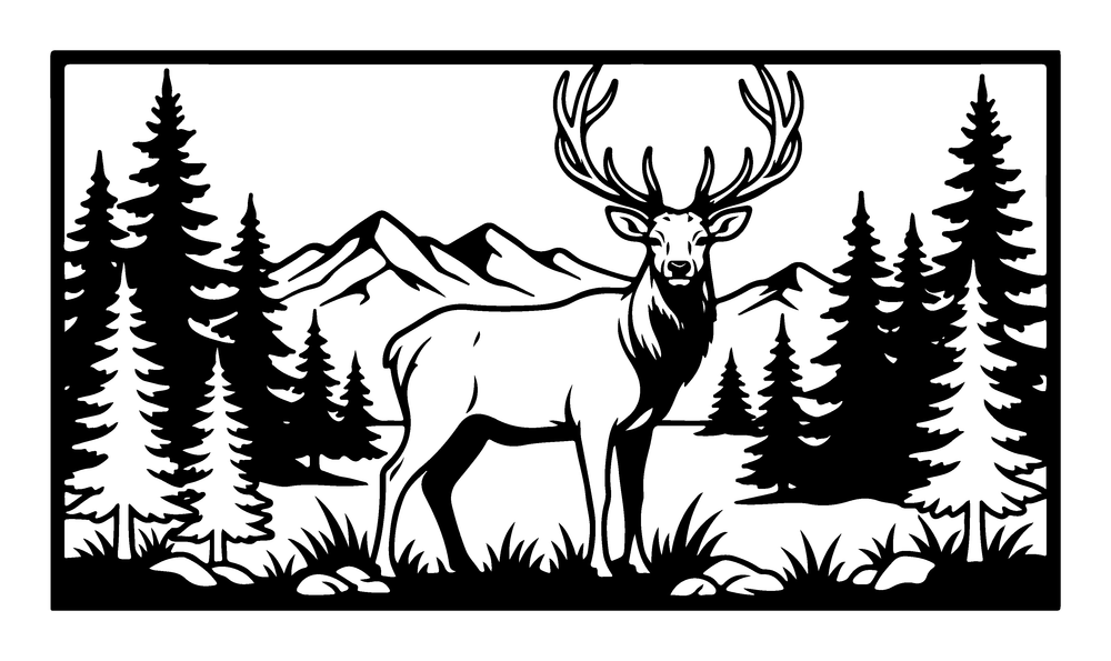 Elk mountain metal wall art in matte black steel, a bull elk in a framed mountain and pine scene