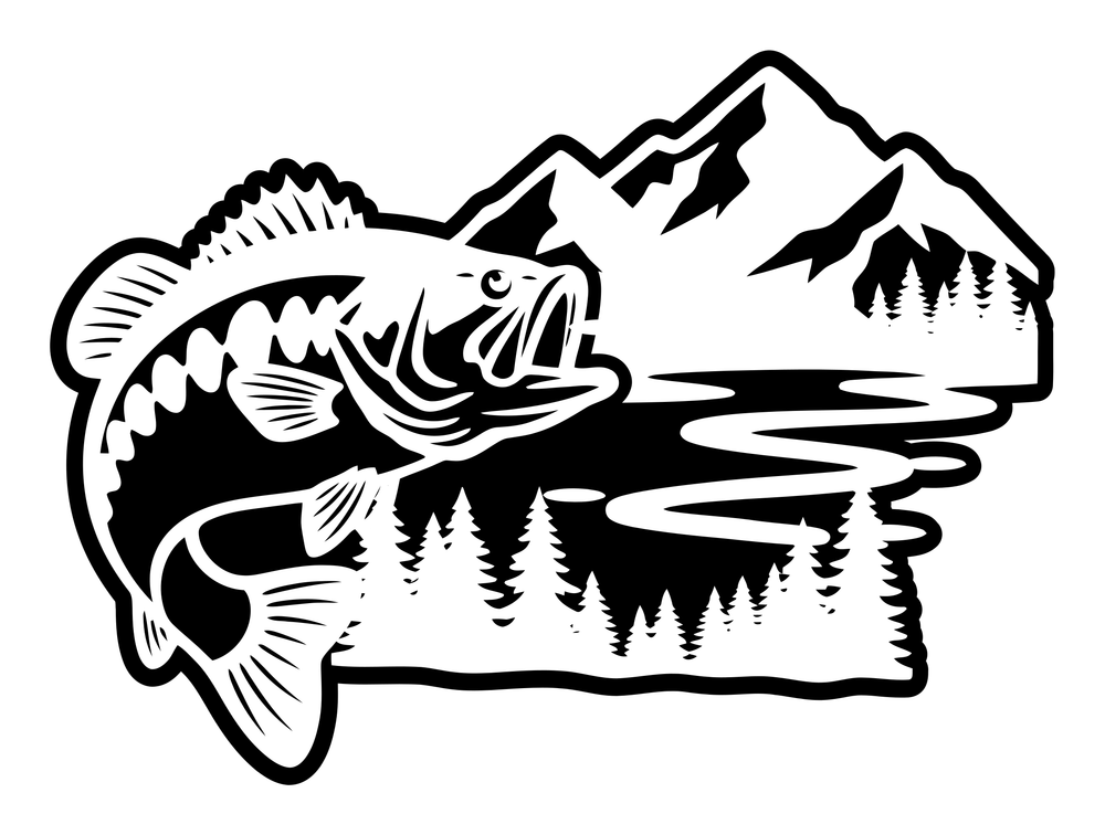 Fish and mountain metal wall art in matte black steel, a leaping bass with a mountain lake scene