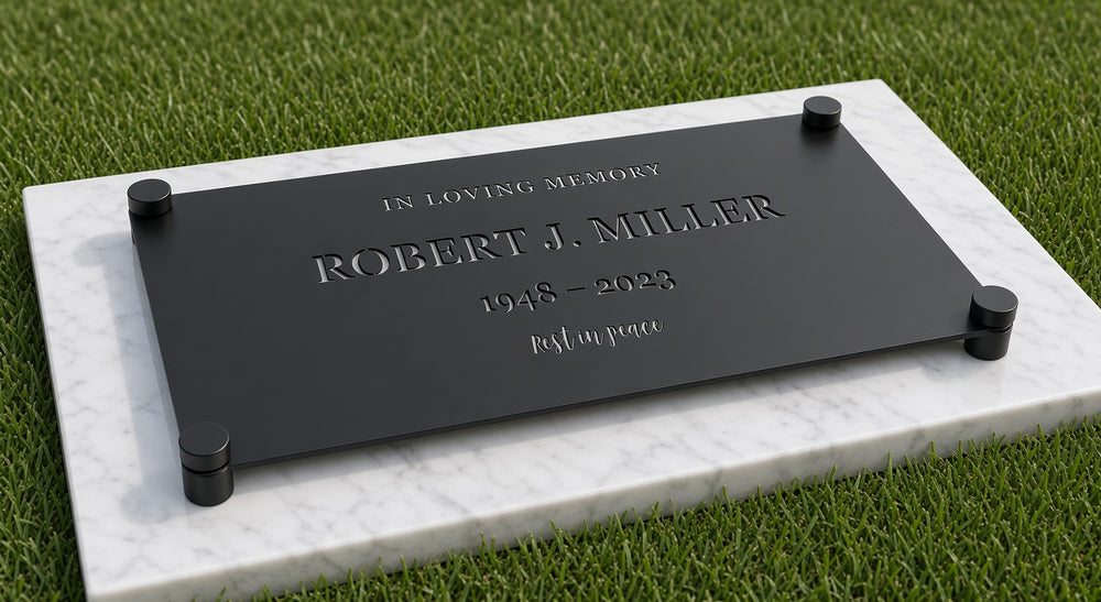 Flat grave marker on black standoffs on a marble slab