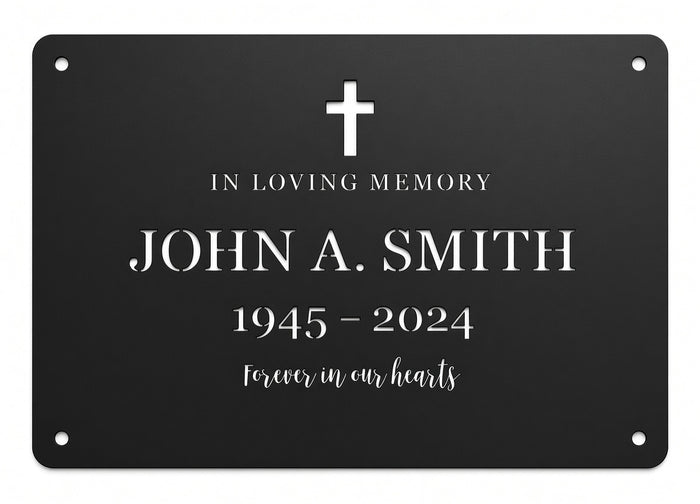Rectangle stainless memorial grave plaque, cut-through CNC lettering with bridges