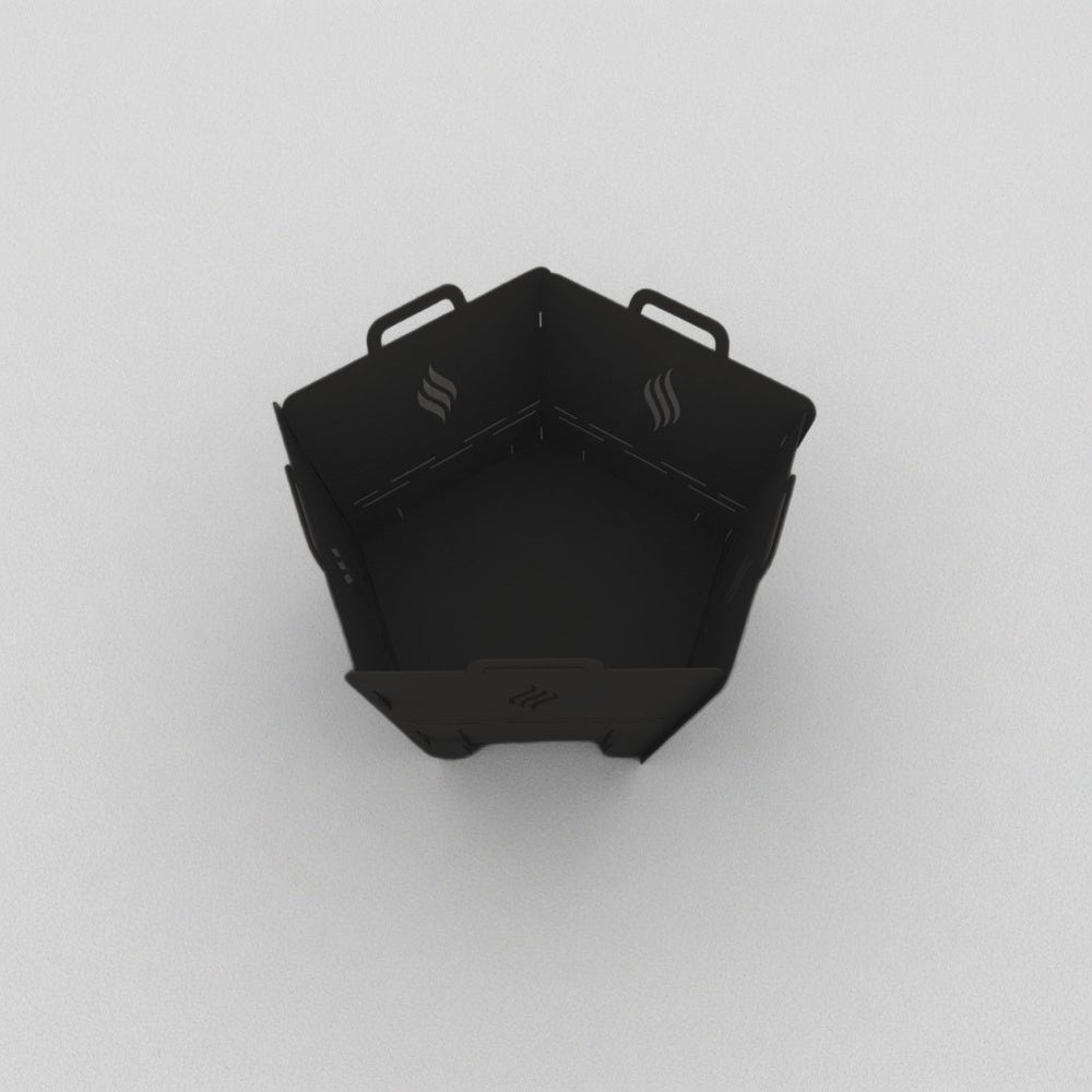 Pentagon black powder-coated fire pit, top-down studio view