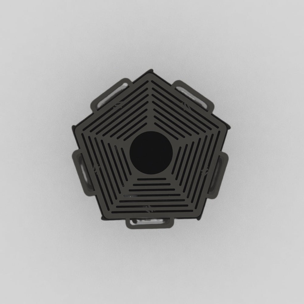 Pentagon black powder-coated fire pit, studio view