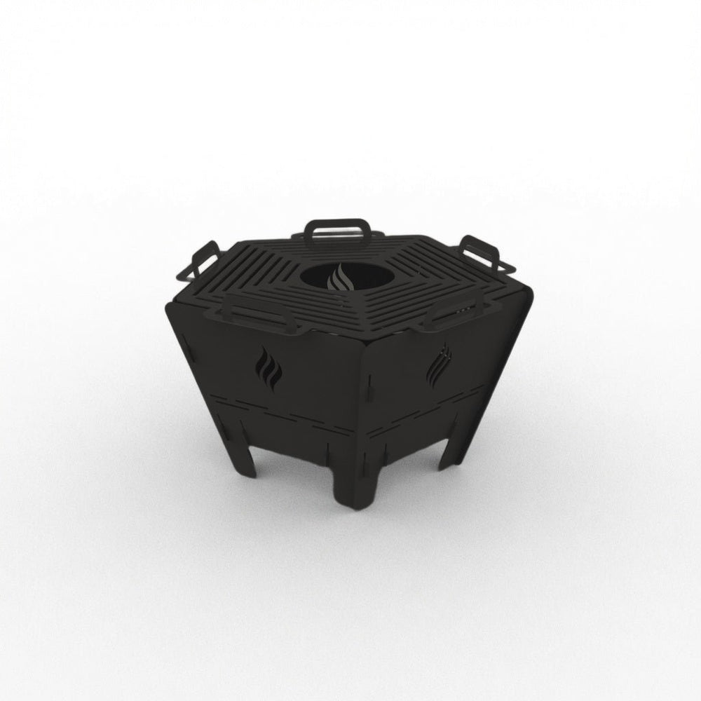 Pentagon black powder-coated fire pit, studio view