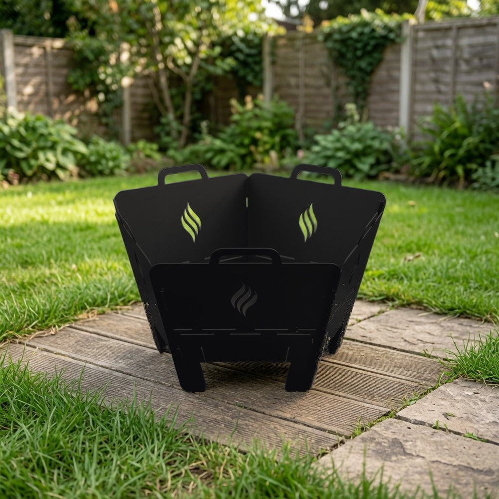Pentagon black powder-coated fire pit in a garden