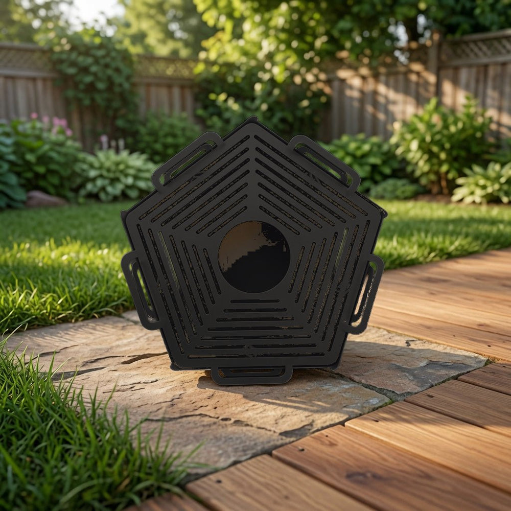 Pentagon black powder-coated fire pit, outdoor view