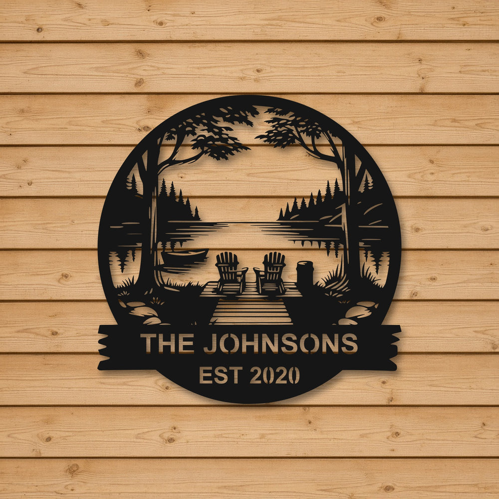 Mockup of the lakeside dock family name sign on a cedar cottage wall
