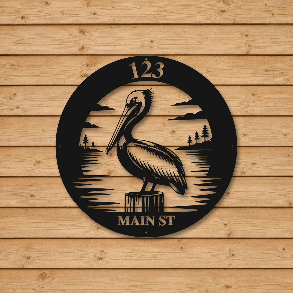 Mockup of the pelican round address sign on a cedar wall