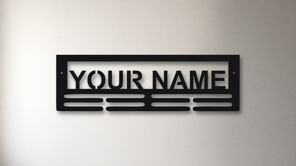 Mockup of the personalized medal hanger on a light interior wall