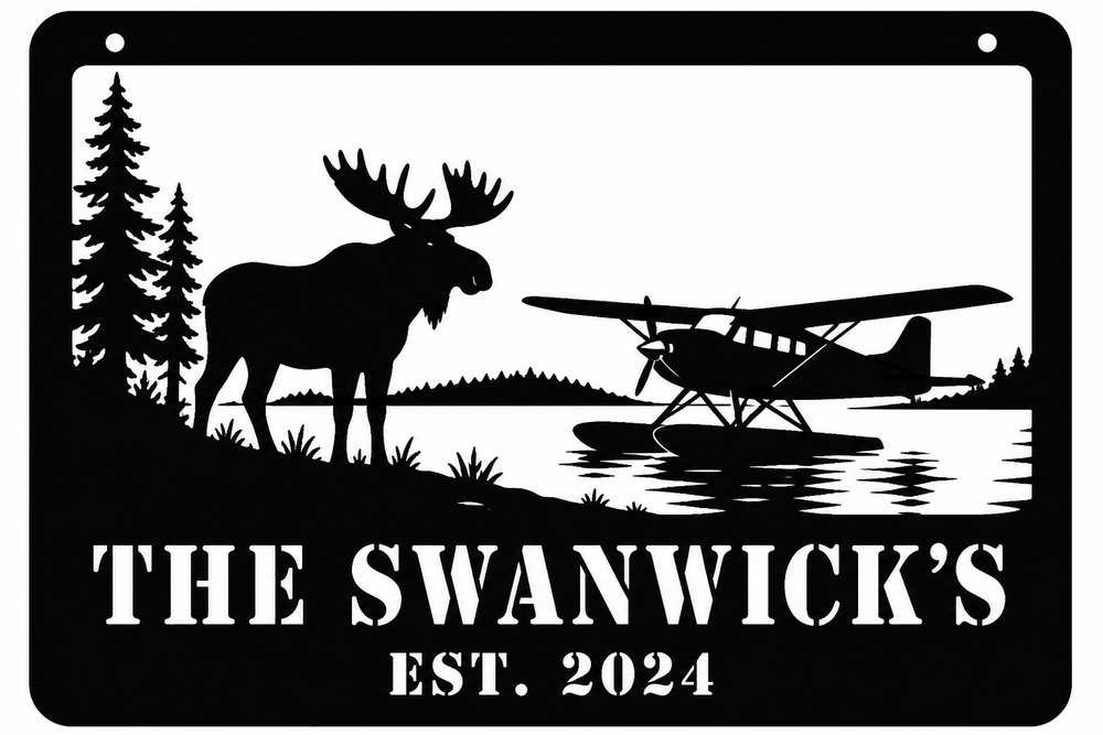 Black metal sign design preview on white — Moose and floatplane family name sign