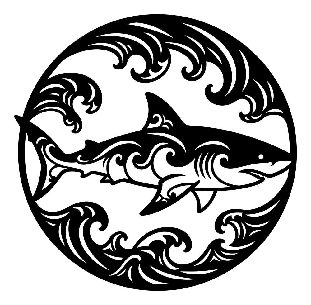 Shark and ocean waves round metal wall art in matte black steel