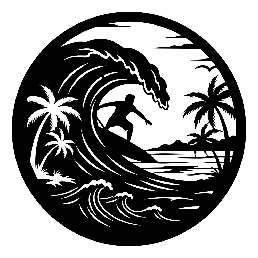 Surfer and ocean wave round metal wall art in matte black steel