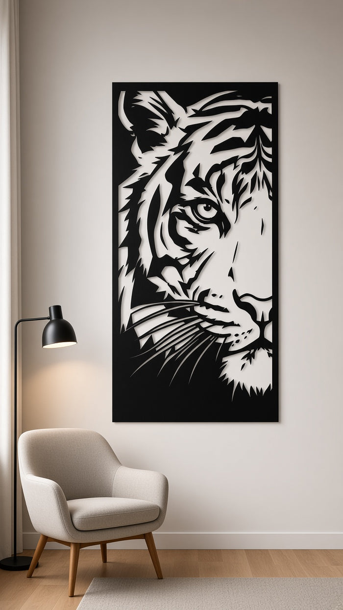 Tall tiger face metal wall art shown on a modern living room wall