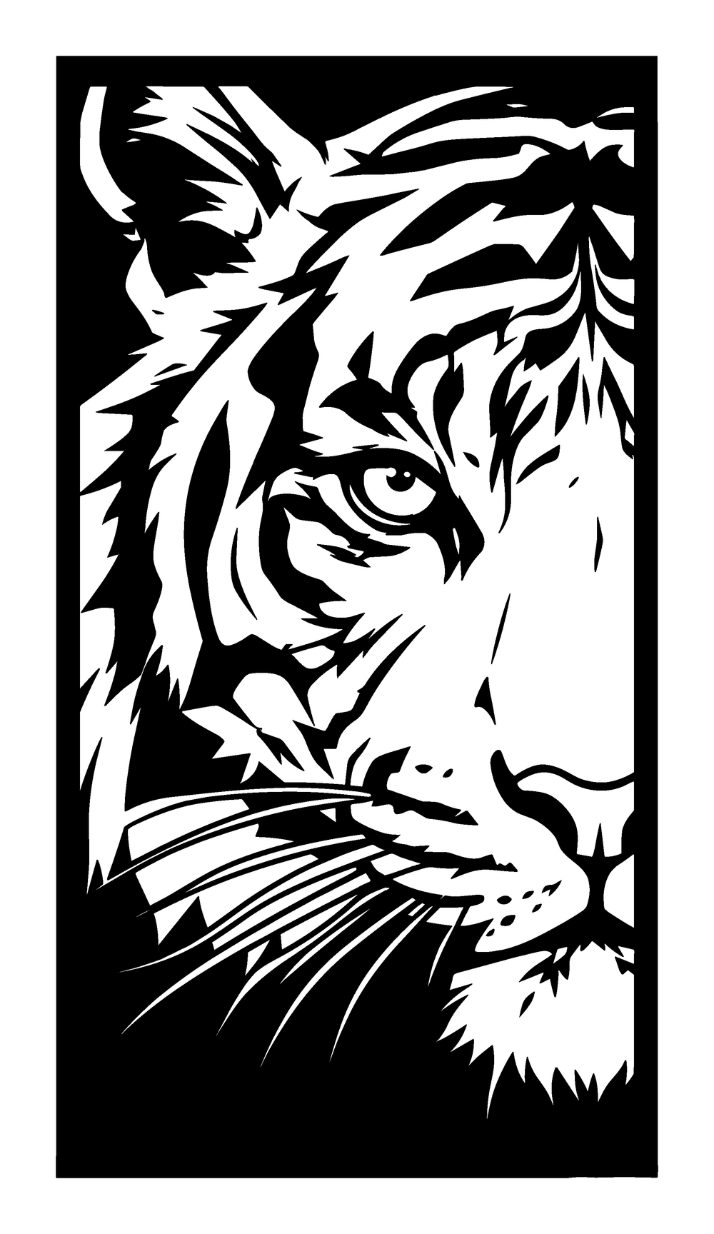 Tiger face metal wall art in matte black steel, a half-lit tiger portrait