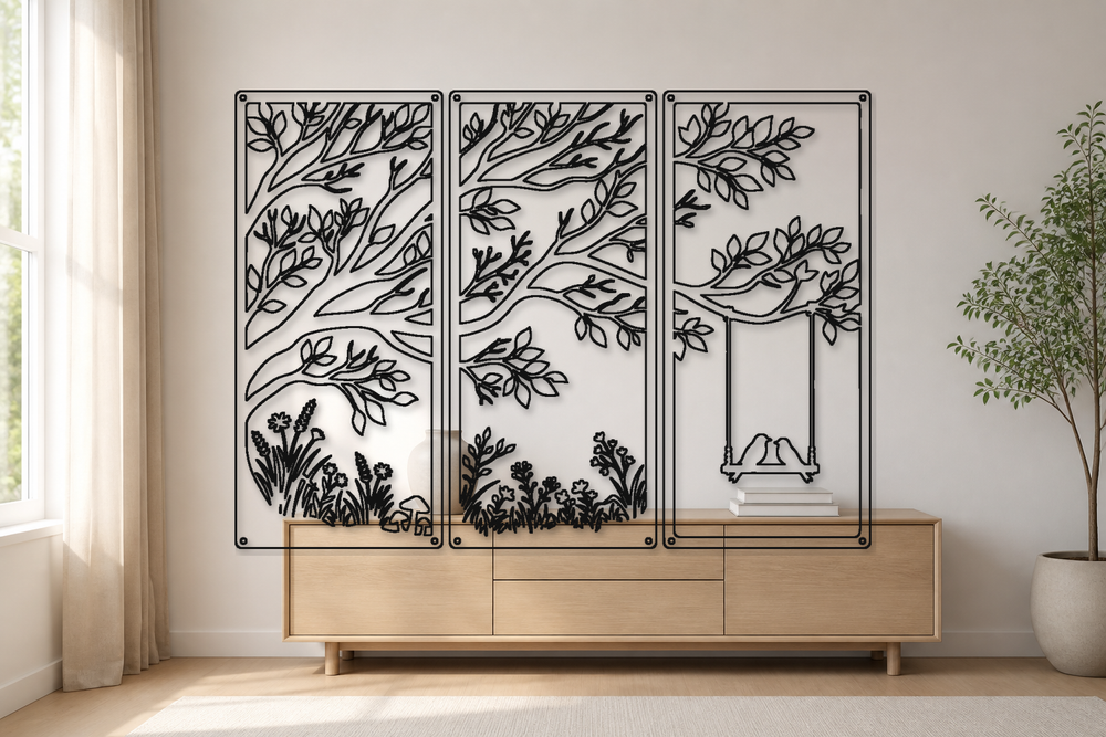 Tree and birds on a swing three-panel metal wall art matching cutout pattern
