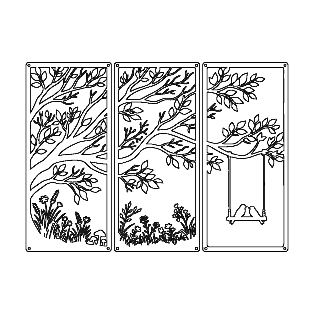Tree birds swing laser-cut steel triptych pattern