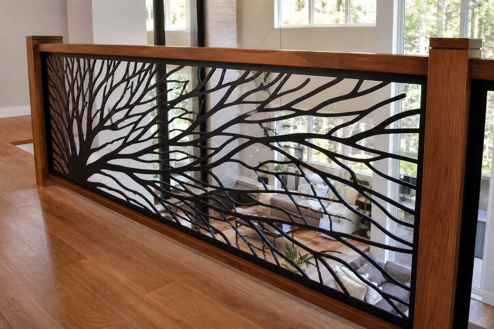 Tree Root metal railing insert on indoor second-story house railing