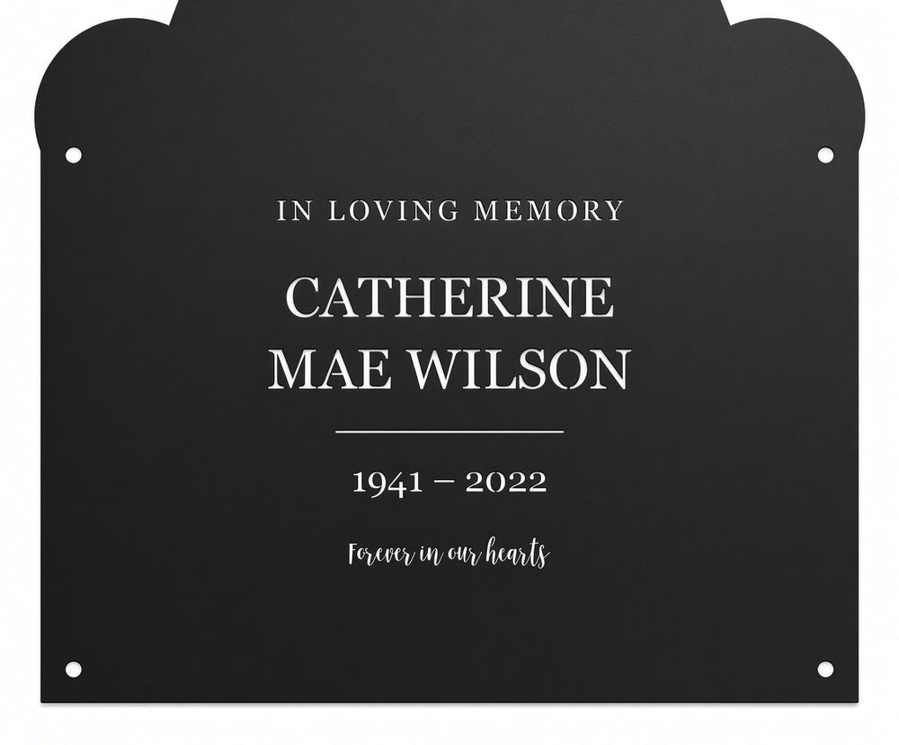 Victorian stainless memorial plaque, cut-through CNC lettering with bridges