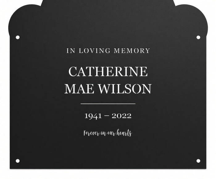 Victorian stainless memorial plaque, cut-through CNC lettering with bridges