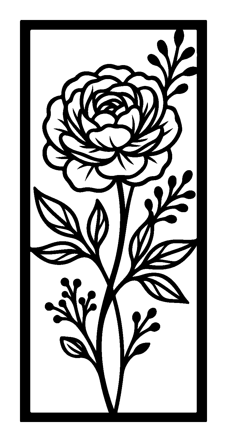 Peony flower panel metal wall art in matte black steel