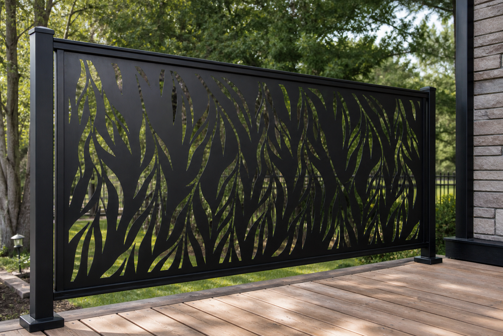 Willow leaf metal privacy panel mounted on outdoor deck