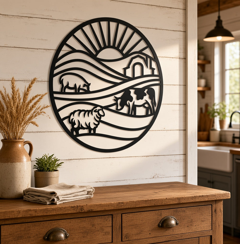 Farm scene metal wall art on a farmhouse wall