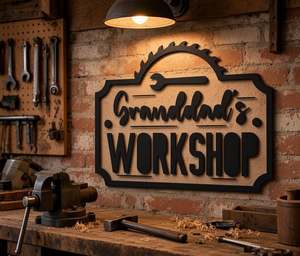 Workshop name sign on a garage wall
